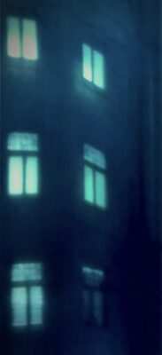 a 3d layered glass trptych artwork portraying a noir urban landscape deep in the heart of the city. Shadowy buildings, glowing streetlights and windows rendered in stacked transluscent layers of glass, creating depth, mystery and cinematic atmosphere