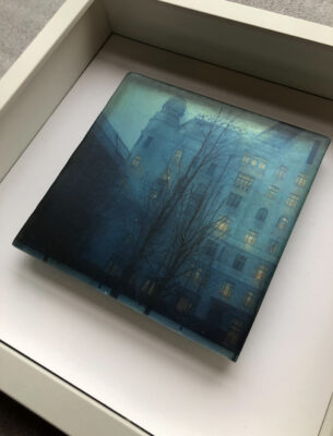 beautiful twilight shades of blue in this almost holographic artwork dpicting an urban winter landscape, set within layers of transluscent glass